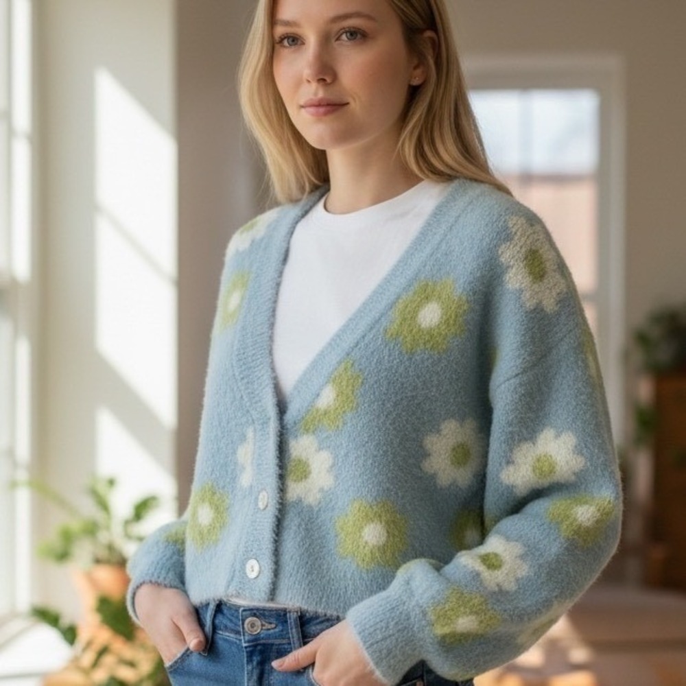 Kendall & Kylie Blue Floral Fuzzy‎ Cropped Cardigan Sweater Daisy Boho Sm Spring